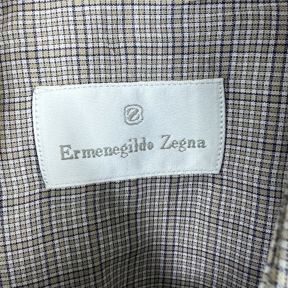 Ermenegildo Zegna Tan Blue Plaid Check Button Down Size S 39 15 1/2 - Picture 9 of 14